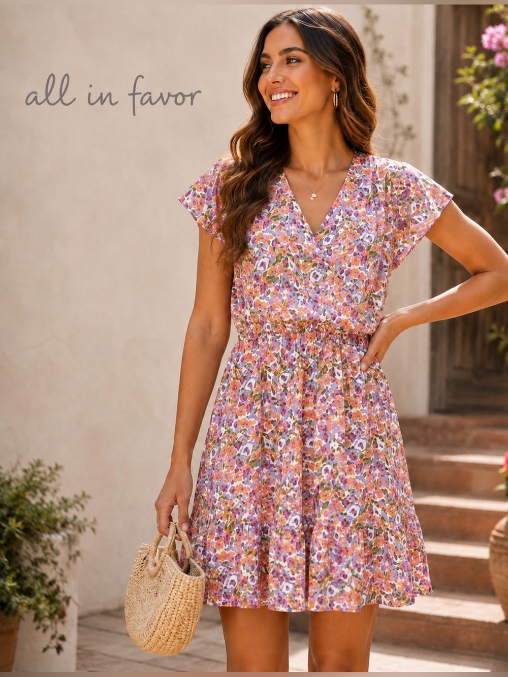All In Favor Floral Faux Wrap Flutter Sleeve Ruffle Hem Dress